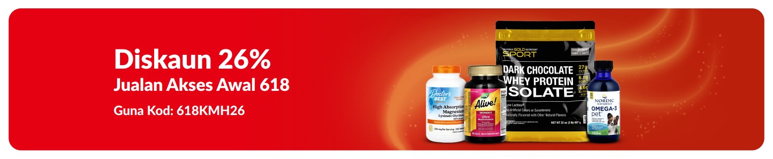 Sepanduk mempromosikan diskaun 15% suplemen kesihatan otak dengan kod promosi 618KMH26 dan paparan produk suplemen.