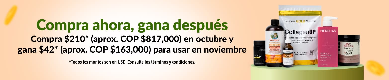 Compra ahora, gana después. Compra $210* (aprox. COP$ 817,000) en octubre y gana $42* (aprox. COP$ 163,000) para usar en noviembre.