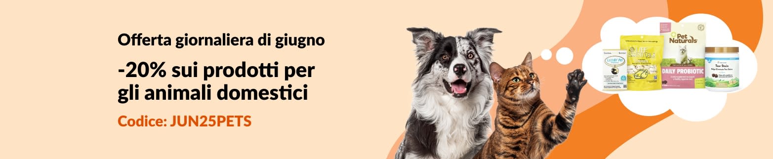 Promozione sui prodotti per animali domestici. Risparmia il 20% con il codice JUN25PETS.