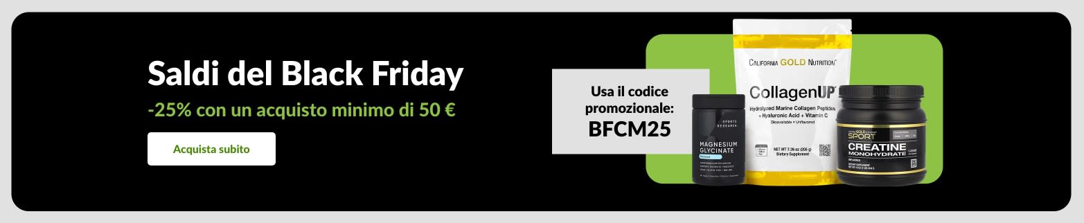 Saldi del Black Friday – 25% di sconto con un acquisto minimo di 50 €. Usa il codice BFCM25. Con integratori.