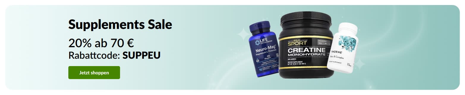 Supplements Sale: Bis zu 20% Rabatt mit Code SUPPEU.