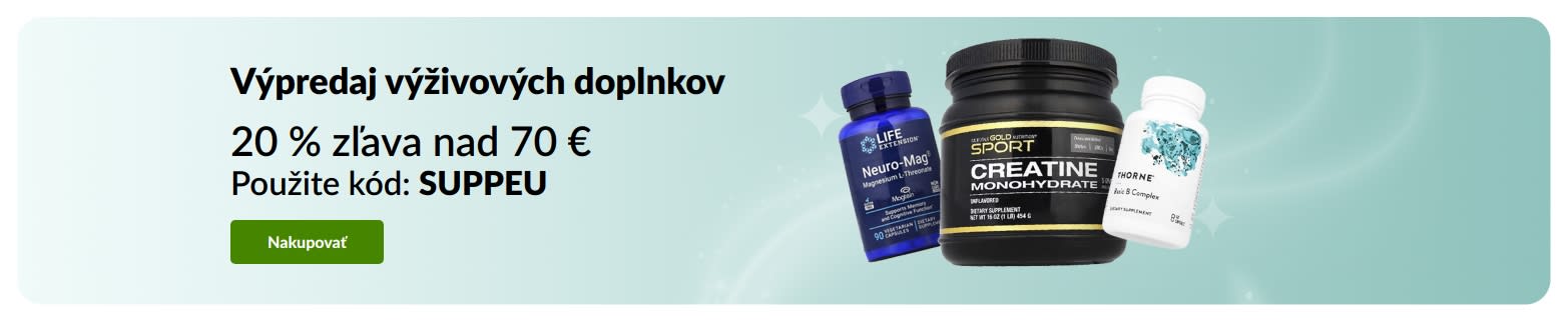 Výpredaj výživových doplnkov: Zľavy až do 20 % s kódom SUPPEU.