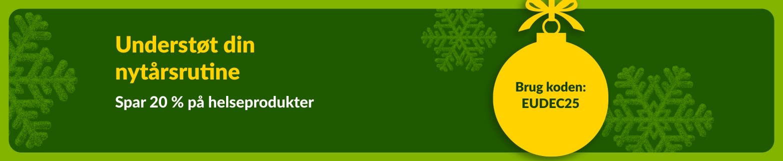 iHerb nytårsbanner med 20 % rabat på helseprodukter med rabatkoden EUDEC25, med gul julekugle og grønne snefnug.