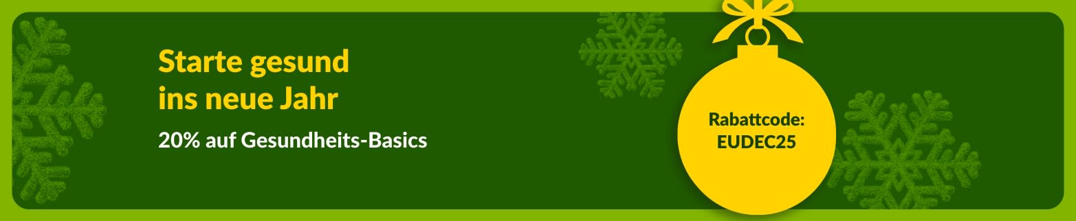iHerb-Neujahrsbanner mit 20% Rabatt auf Gesundheits-Basics ab 80$ mit Code EUDEC25 und gelbem Ornament auf grünem Hintergrund