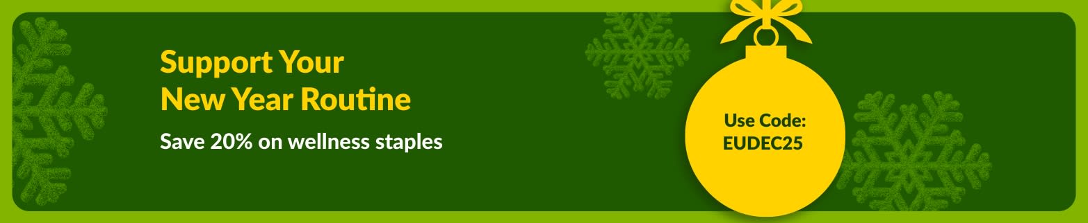 iHerb New Year banner offering 20% off wellness staples with promo code EUDEC25, featuring yellow ornament and green snowflakes.