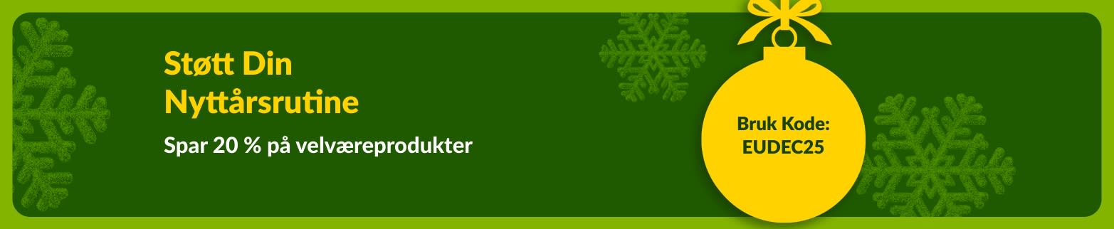 iHerb nyttårsbanner med 20 % rabatt på velværeprodukter ved bruk av kampanjekode EUDEC25, med gult ornament og grønne snøfnugg.