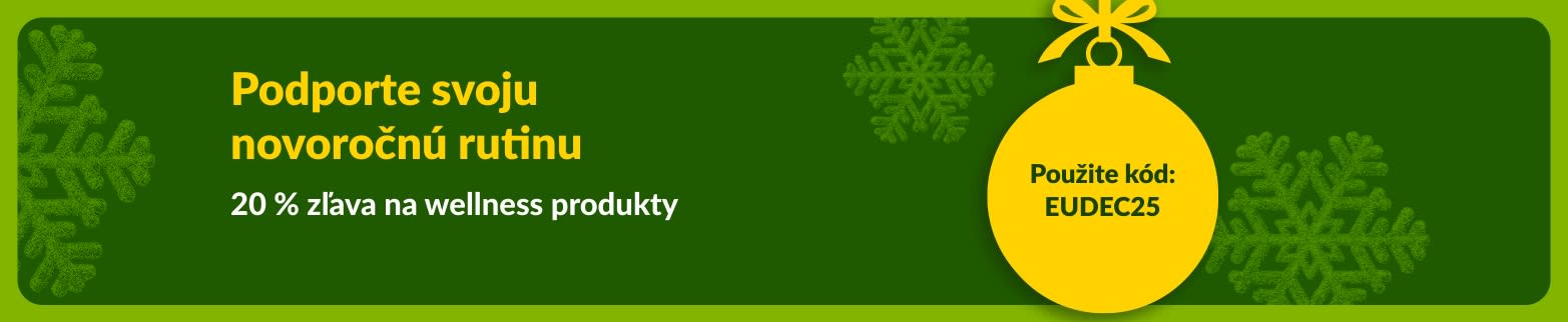 Novoročný banner iHerb s ponukou 20 % zľavy na základné wellness produkty s promo kódom EUDEC25, so žltou ozdobou a zelenými snehovými vločkami.