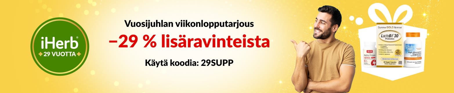 iHerbin 29-vuotisjuhlabanneri: −29 % lisäravinteista koodilla 29SUPP, mukana probiootit, maarianohdake ja magnesium.