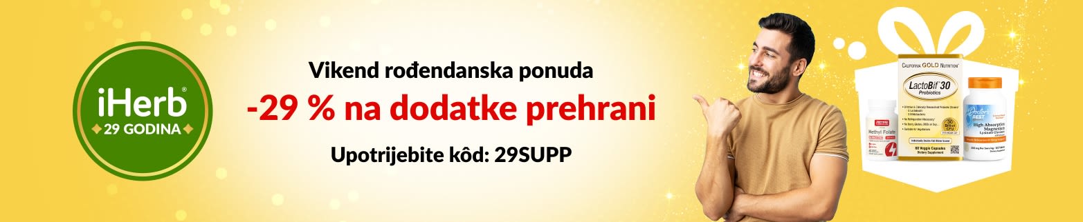 iHerb banner za 29. rođendan s ponudom od 29 % popusta na dodatke prehrani uz kod 29SUPP, s prikazom probiotika, sikavice i magnezija.