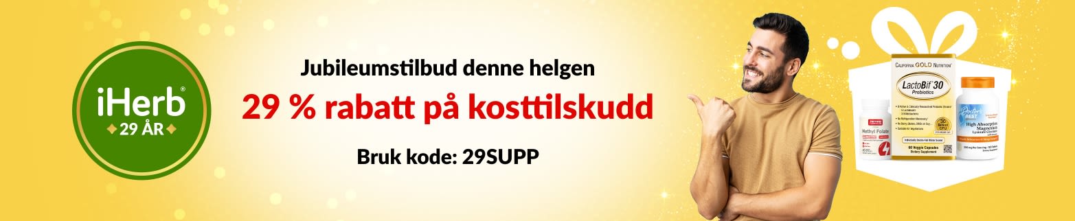 Banner for iHerbs 29-årsjubileum med 29 % rabatt på kosttilskudd med koden 29SUPP, inkludert probiotika, mariatistel og magnesium.