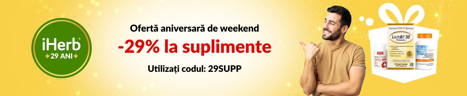Banner iHerb 29 de ani, cu 29% reducere la suplimente cu codul 29SUPP, inclusiv probiotice, armurariu și magneziu.