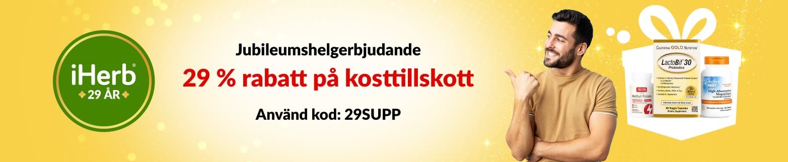 iHerbs 29-årsjubileumsbanner med 29 % rabatt på kosttillskott med koden 29SUPP, inklusive probiotika, mjölktistel och magnesium.