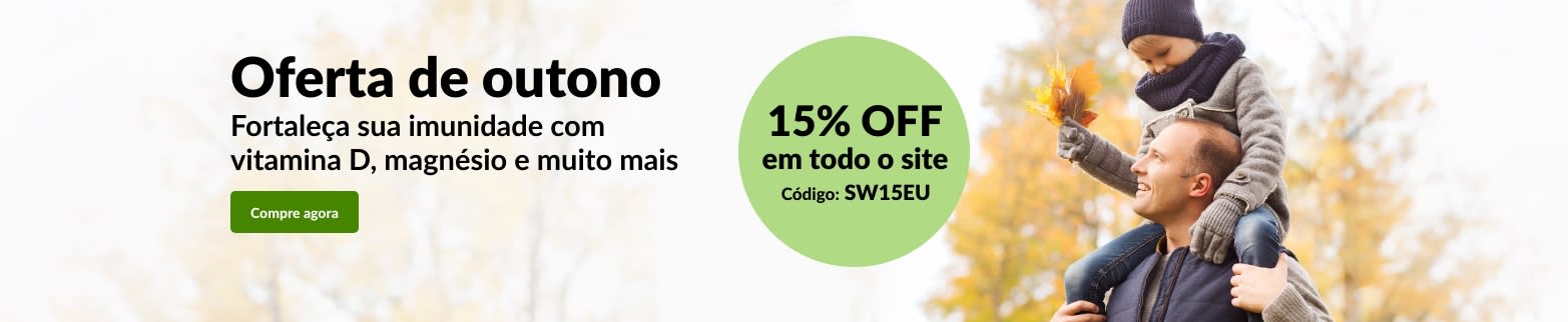 Banner da iHerb promovendo a oferta de outono com 15% OFF em todo o site. O código promocional é SW15EU.