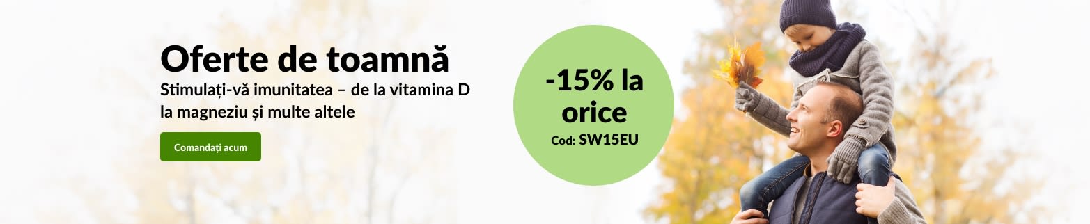 Banner iHerb cu oferte de toamnă cu 15% reducere la toate produsele. Cod promo SW15EU.