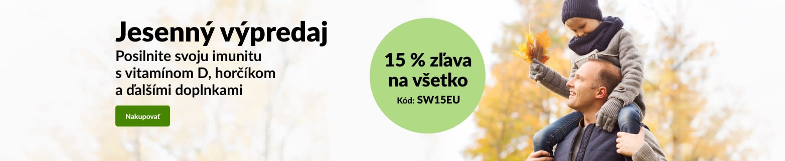 Banner iHerb propagujúci jesenný výpredaj s 15 % zľavou na celý sortiment. Promo kód je SW15EU.