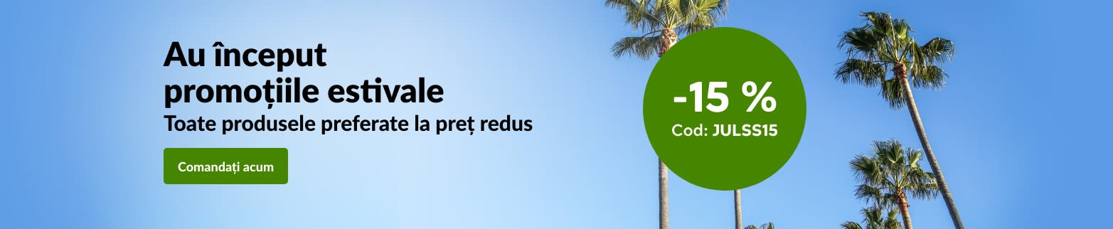 Promoții estivale cu 15 % reducere. Utilizați codul JULSS15.