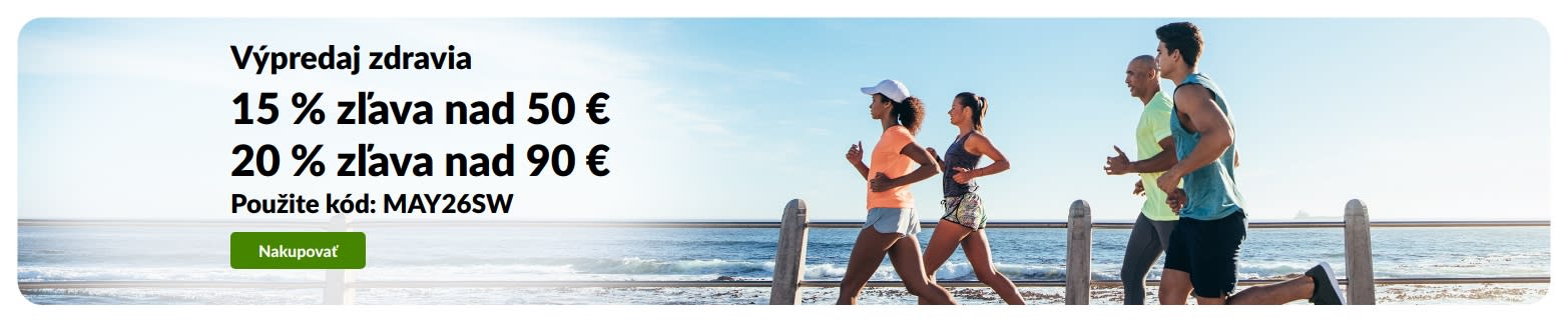 Baner pre výpredaj zdravia ponúkajúci 15 % zľavu pri nákupe nad 50 € a 20 % zľavu nad 90 € s promo kódom MAY26SW.