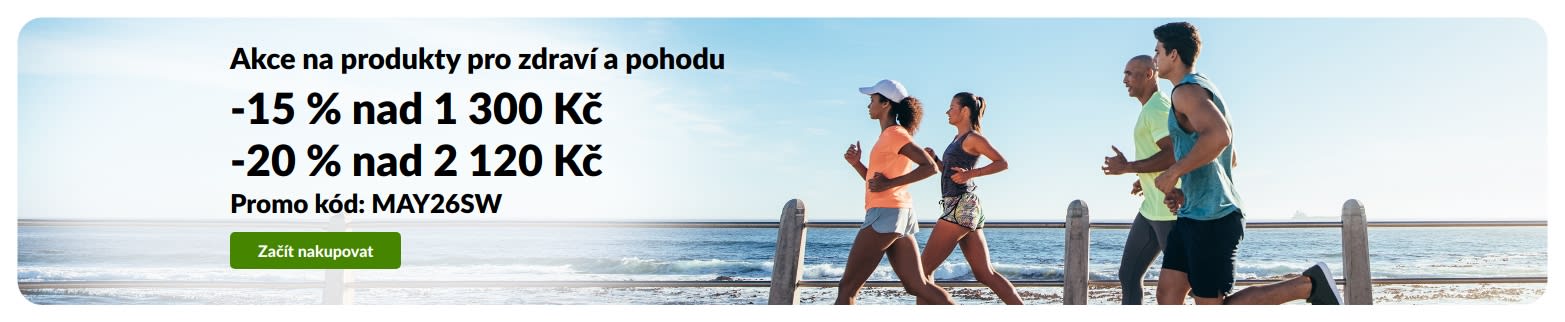 Banner akce na produkty pro zdraví s nabídkou 15% slevy při nákupu nad 1 300 Kč a 20% slevy nad 2 120 Kč s promo kódem MAY26SW.