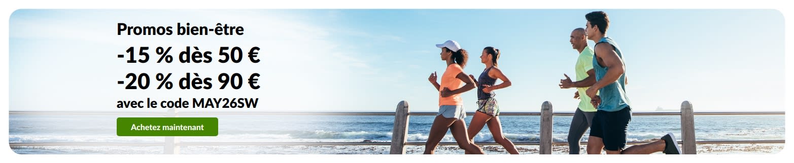 Bannière des promos bien-être offrant -15 % dès 50 € d’achat et -20 % dès 90 € d’achat avec le code promo MAY26SW.