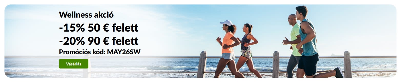 Wellness akciós banner, amely 15% kedvezményt kínál 50 € feletti rendelésekre, és 20% kedvezményt 90 € felett a MAY26SW kóddal.