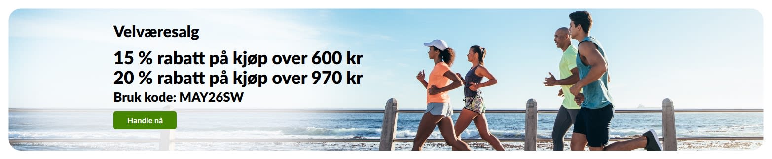 Velværesalg-banner som tilbyr 15 % rabatt på kjøp over 600 kr og 20 % rabatt på kjøp over 970 kr med kampanjekoden MAY26SW.