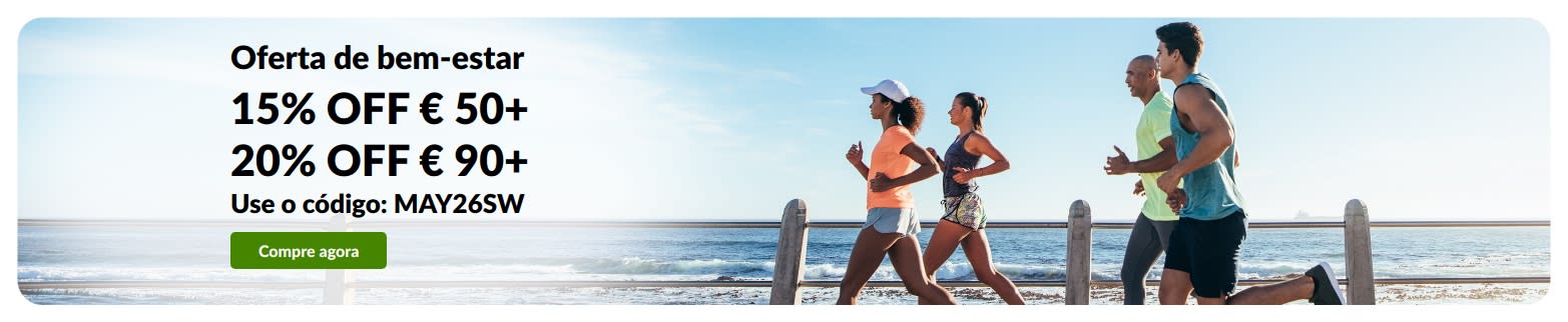 Banner da oferta de bem-estar como 15% OFF acima de € 50 e 20% OFF acima de € 90 com o código MAY26SW.