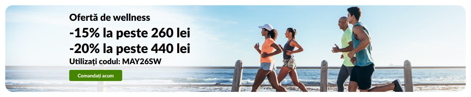Banner cu ofertă de wellness cu -15% la peste 260 lei și -20% la peste 440 lei cu codul MAY26SW.