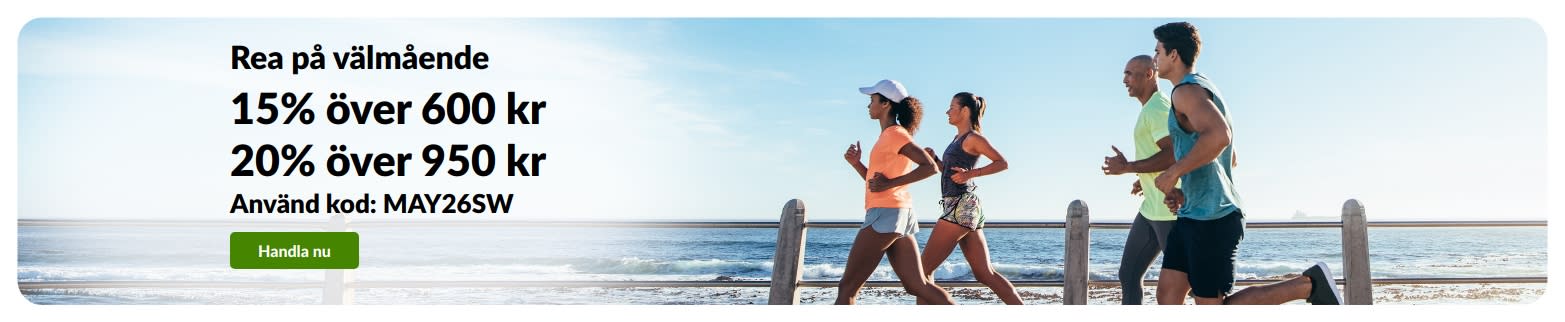 Rea på välmående-banner som erbjuder 15% rabatt över 600 kr och 20% över 950 kr med koden MAY26SW.