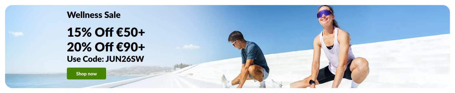 Wellness Sale banner offering 15% off €50+ and 20% off €90+ with promo code JUN26SW.