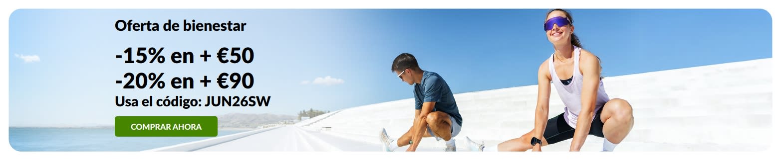 Banner de Oferta de bienestar: -15% en más de €50 y -20% en más de €90 con el código JUN26SW.