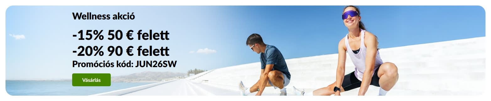 Wellness akciós banner: 15% kedvezmény 50 € felett, és 20% kedvezmény 90 € felett a JUN26SW promóciós kóddal.