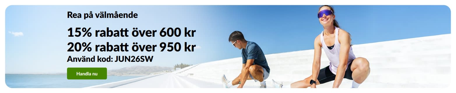 Banner för rea på välmående som erbjuder 15% rabatt över 600 kr och 20% rabatt över 950 kr med rabattkoden JUN26SW.