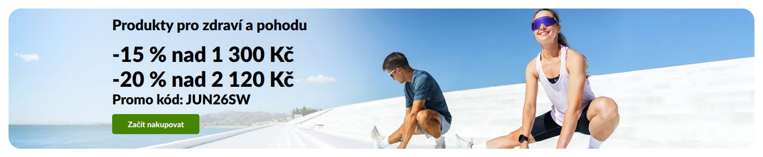 Banner propagující slevu 15 % nad 1 300 Kč a 20 % nad 2 120 Kč na produkty pro zdraví a pohodu s promo kódem JUN26SW.