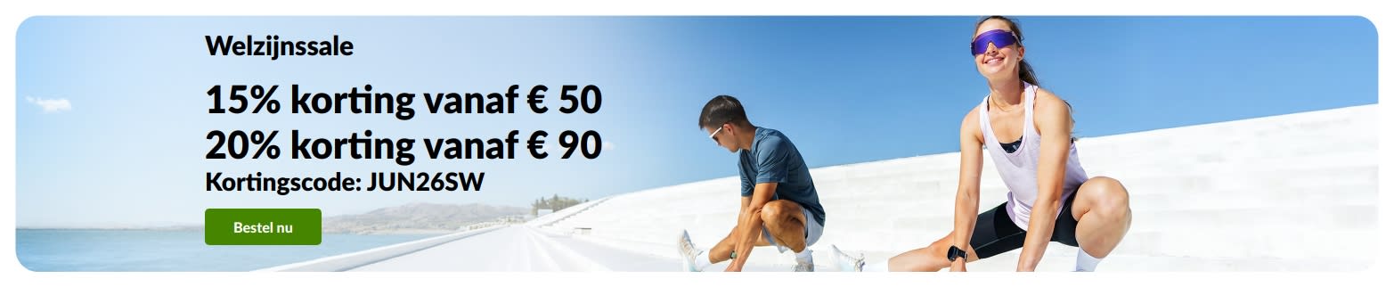 Welzijnssale banner met 15% korting vanaf € 50 en 20% korting vanaf € 90 met kortingscode JUN26SW.
