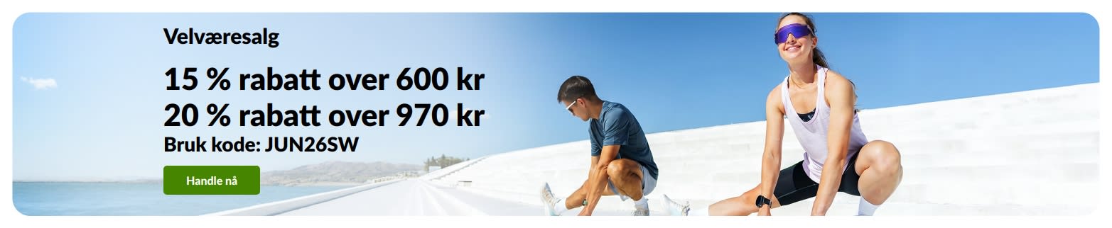 Velværesalg: 15 % rabatt over 600 kr og 20 % rabatt over 970 kr med kampanjekode JUN26SW