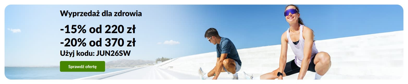 Baner promocyjny oferujący 15% zniżki przy zakupach od 220 zł oraz 20% zniżki przy zakupach od 370 zł z kodem promocyjnym JUN26SW.