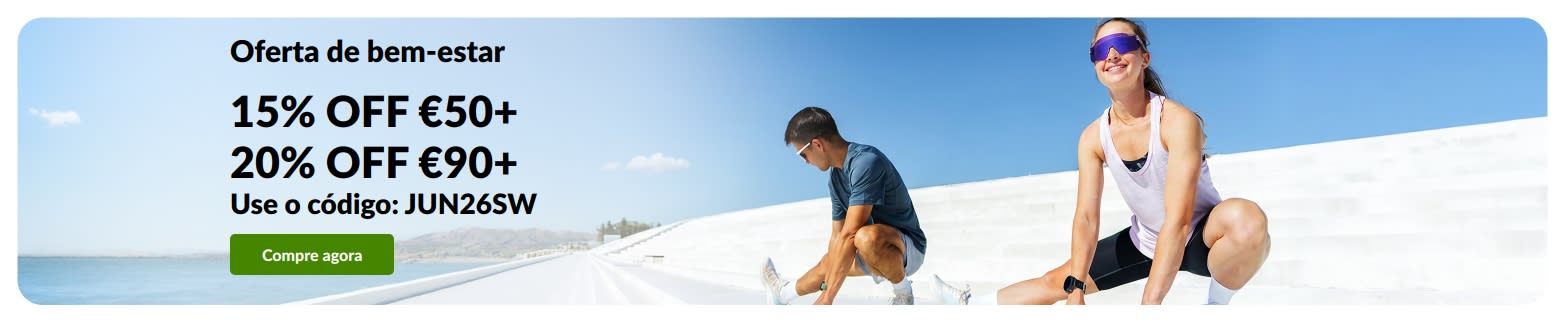 Banner da oferta de bem-estar com 15% OFF em pedidos acima de €50 e 20% OFF acima de €90 com o código JUN26SW.