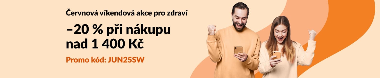 Dvojice si nadšeně čte o červnové víkendové nabídce pro zdraví na iHerb: –20 % při nákupu nad 1 400 Kč s kódem JUN25SW.