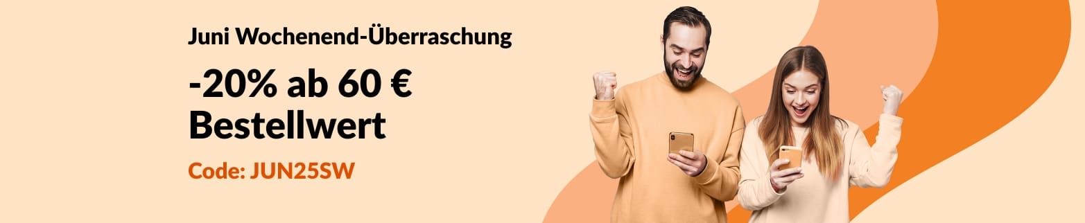 Aufgeregtes Paar beim Lesen über die Angebote bei iHerb im Juni: 20% Rabatt auf Bestellungen über 60€ mit dem Code JUN25SW
