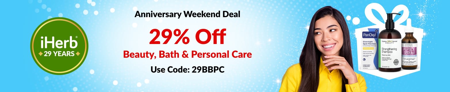 iHerb 29th Anniversary banner offering 29% off beauty, bath, and personal care products with code 29BBPC