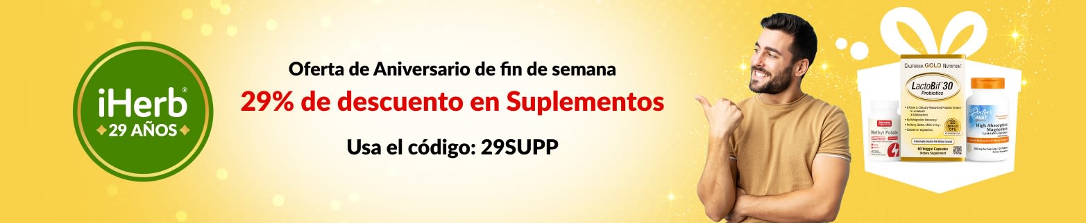 Banner del 29.º Aniversario de iHerb: 29% de descuento en suplementos. Código 29SUPP. Imágenes de probióticos, magnesio y más.