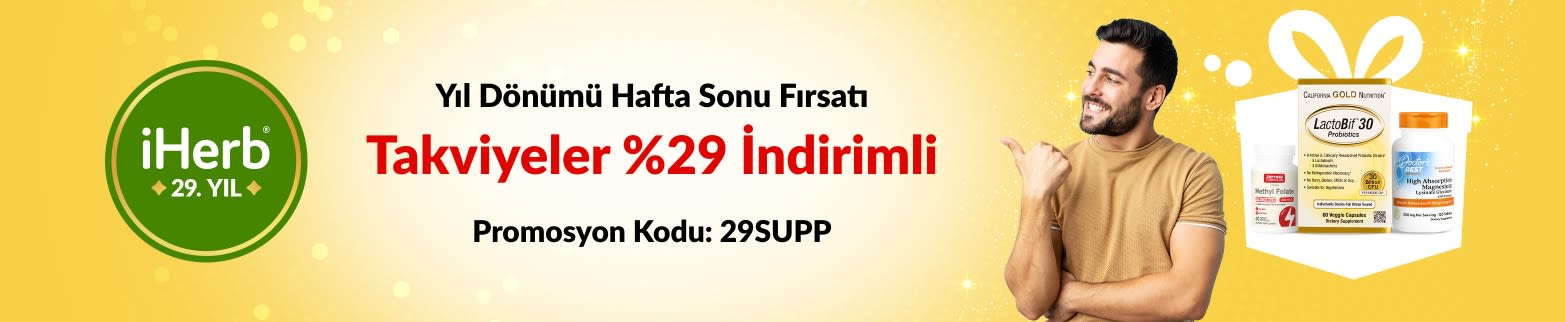 iHerb’in 29. Yıl Dönümü afişi: Probiyotikler, devedikeni ve magnezyum ürünlerinde 29SUPP koduyla %29 indirim.