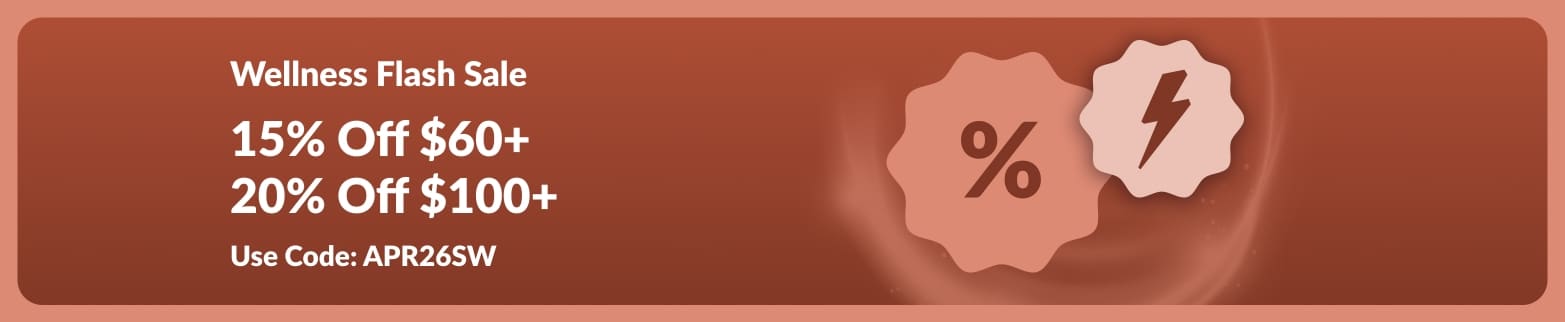 iHerb wellness flash sale banner offering 15% off $60+ and 20% off $100+ with code APR26SW.