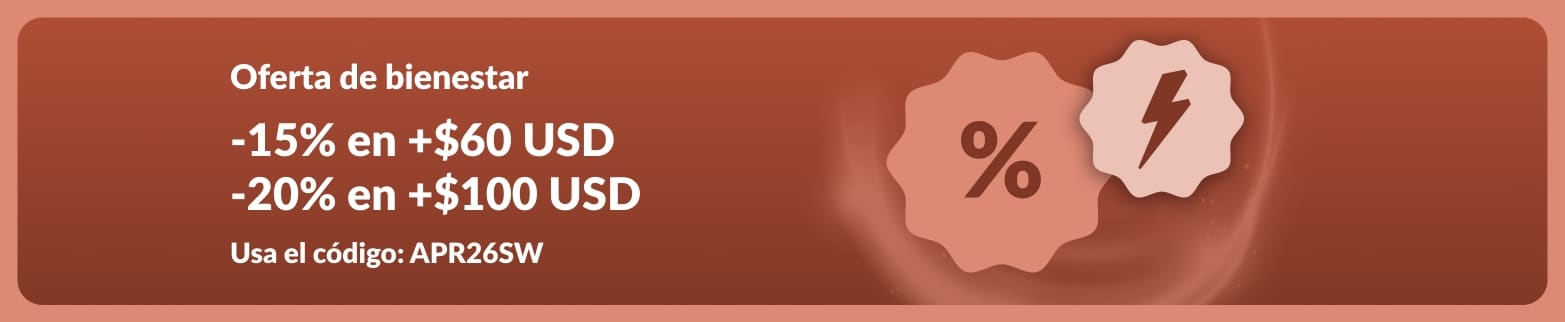 Banner de oferta de iHerb ofreciendo 15% y 20% de descuento con el código APR26SW.