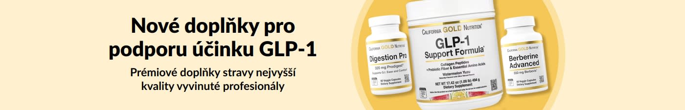 Banner s textem Nové doplňky pro podporu účinku GLP-1 s třemi produkty California Gold Nutrition.