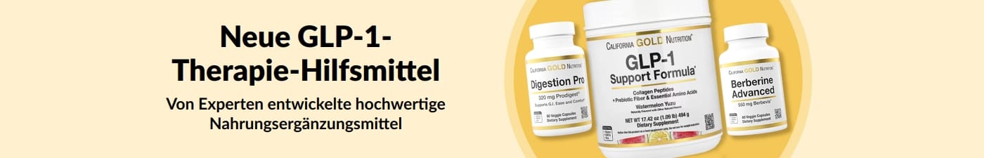 Ein Banner mit der Aufschrift „Neue GLP-1-Produkte“ und drei Nahrungsergänzungsmitteln von California Gold Nutrition: Digestion Pro, GLP-1 Support Formula und Berberine Advanced.