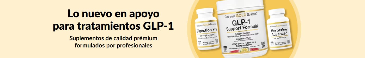 Banner con el texto ‘‘Lo nuevo en apoyo para tratamientos GLP-1’’ y suplementos de California Gold Nutrition.