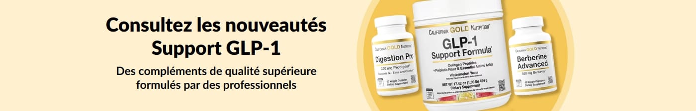 Bannière présentant trois compléments California Gold Nutrition : Digestion Pro, GLP-1 Support Formula et Berberine Advanced.
