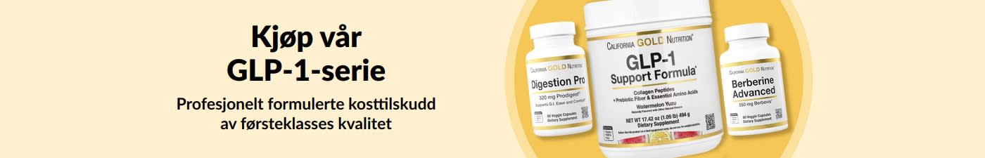 Banner med teksten «Kjøp ny GLP-1-støtte» med tre kosttilskudd fra California Gold Nutrition: Digestion Pro, GLP-1 Support Formula og Berberine Advanced.
