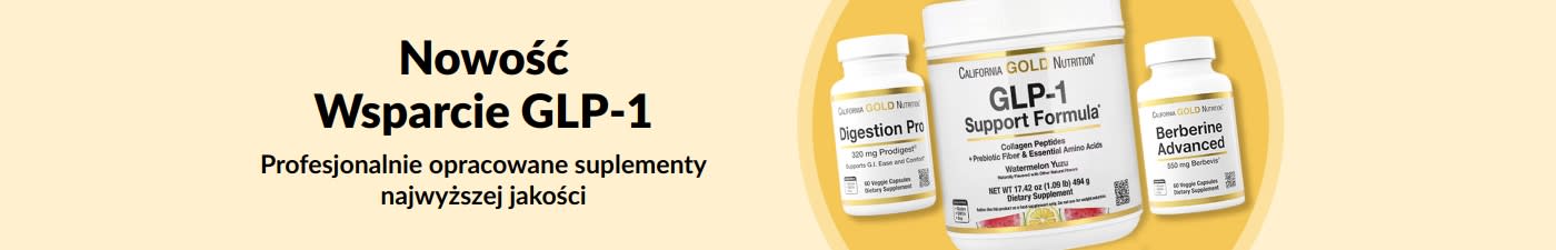 Baner z napisem „Nowość: wsparcie GLP-1” przedstawiający trzy suplementy California Gold Nutrition: Digestion Pro, GLP-1 Support Formula oraz Berberine Advanced.